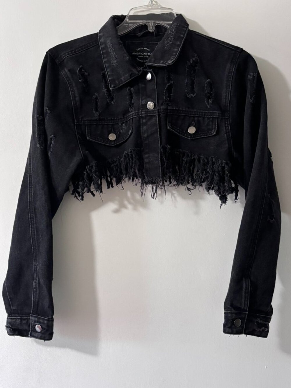 American Bazi Black Distressed Cropped Denim Jacket Heavy Fringe Hem S